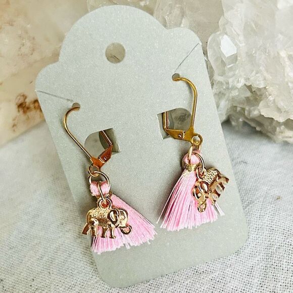 Yellow Gold Lucky Elephant Pink Tassel Dangle Earrings - Picture 3 of 6